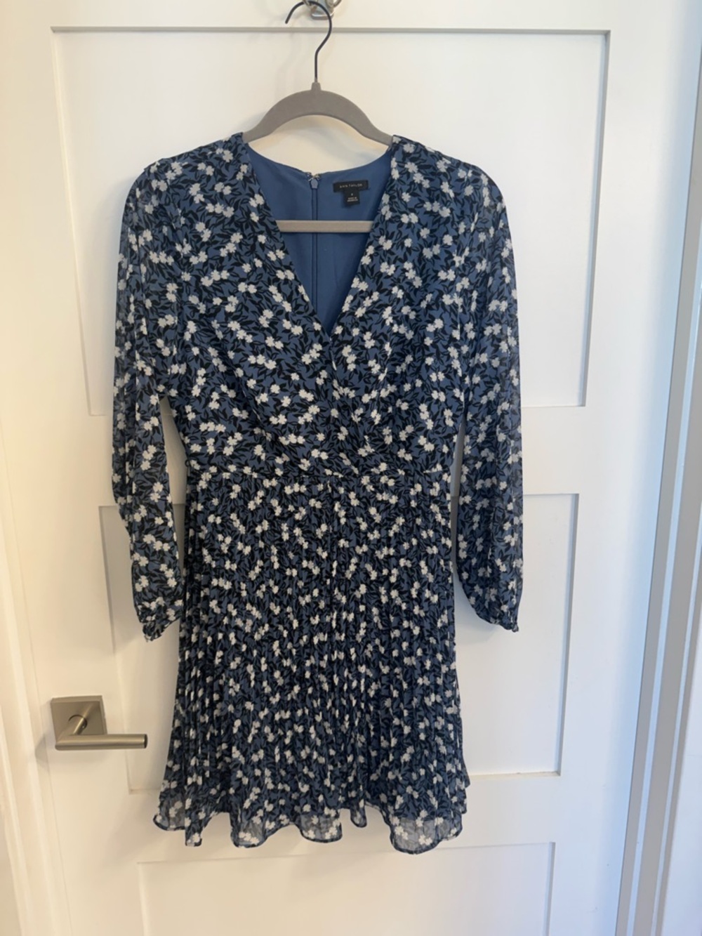 Ann Taylor Blue Floral Wrap-Style Long Sleeve Dress